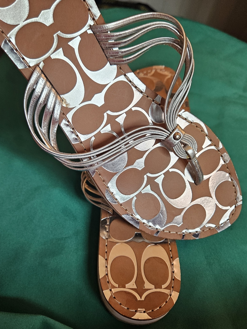 Coach Size 10 Silver Metallic Thong Sandals with Brown Logo Footbed